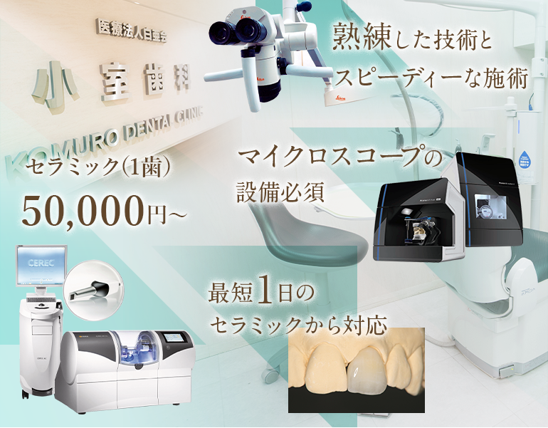 セラミック(1歯)54,000円~ 熟練した技術とスピーディーな施術 最短1日のセラミックから対応 マイクロスコープの設備必須
