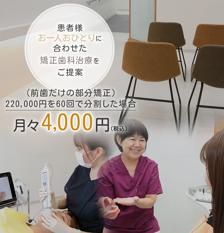 患者様お一人おひとりに合わせた矯正歯科治療をご提案 （前歯だけの部分矯正）220,000円を60回で分割した場合月々4,000円（税込み）
